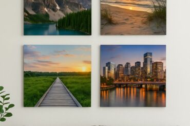 Acrylic mounted photos on wall in modern living room display