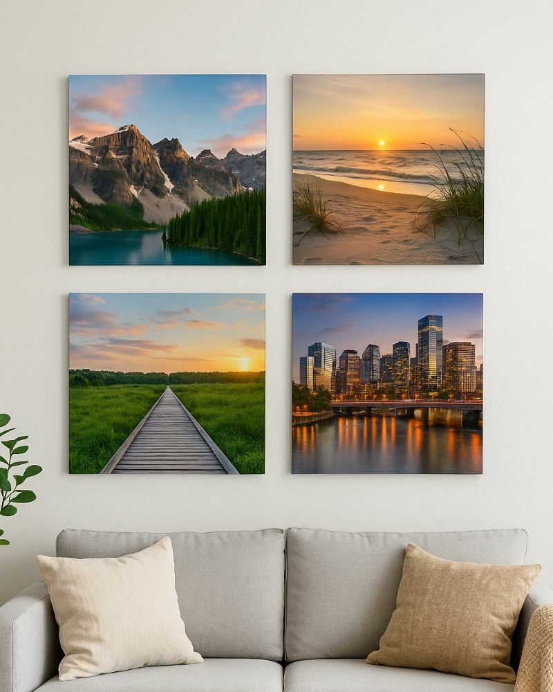 Acrylic mounted photos on wall in modern living room display