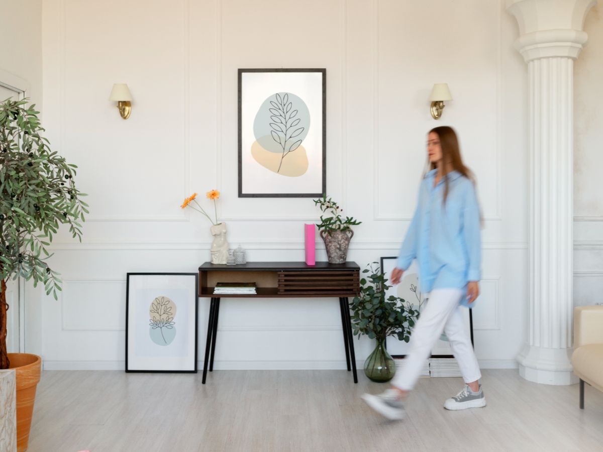 Custom picture frames used to style artwork in a modern living room