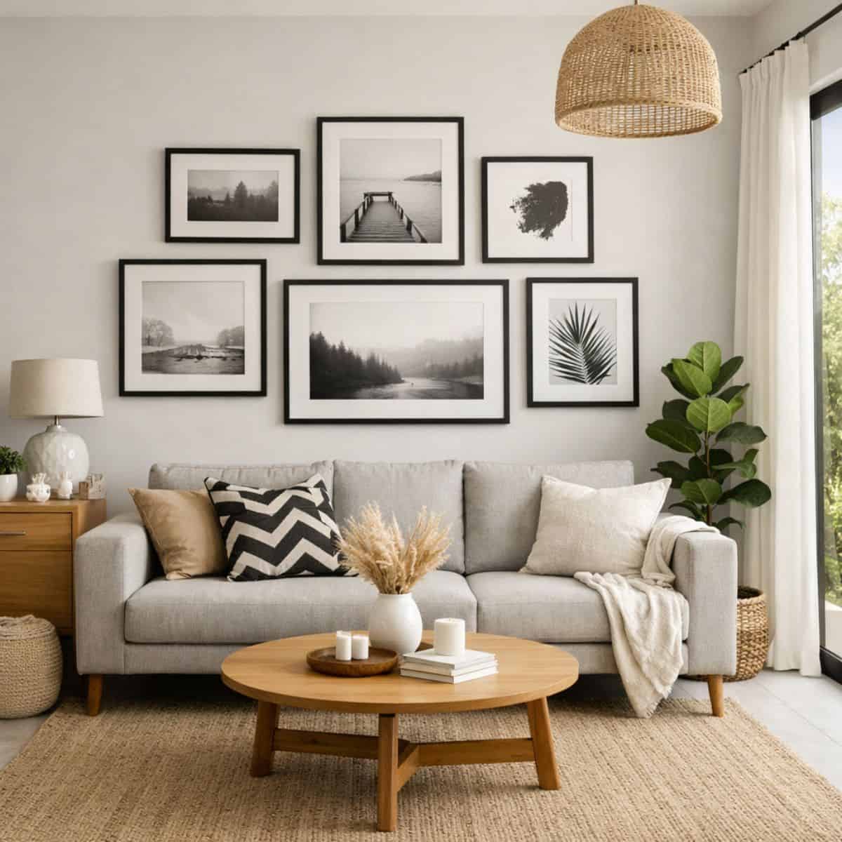 Styling black photo frames in a modern Australian living room gallery wall