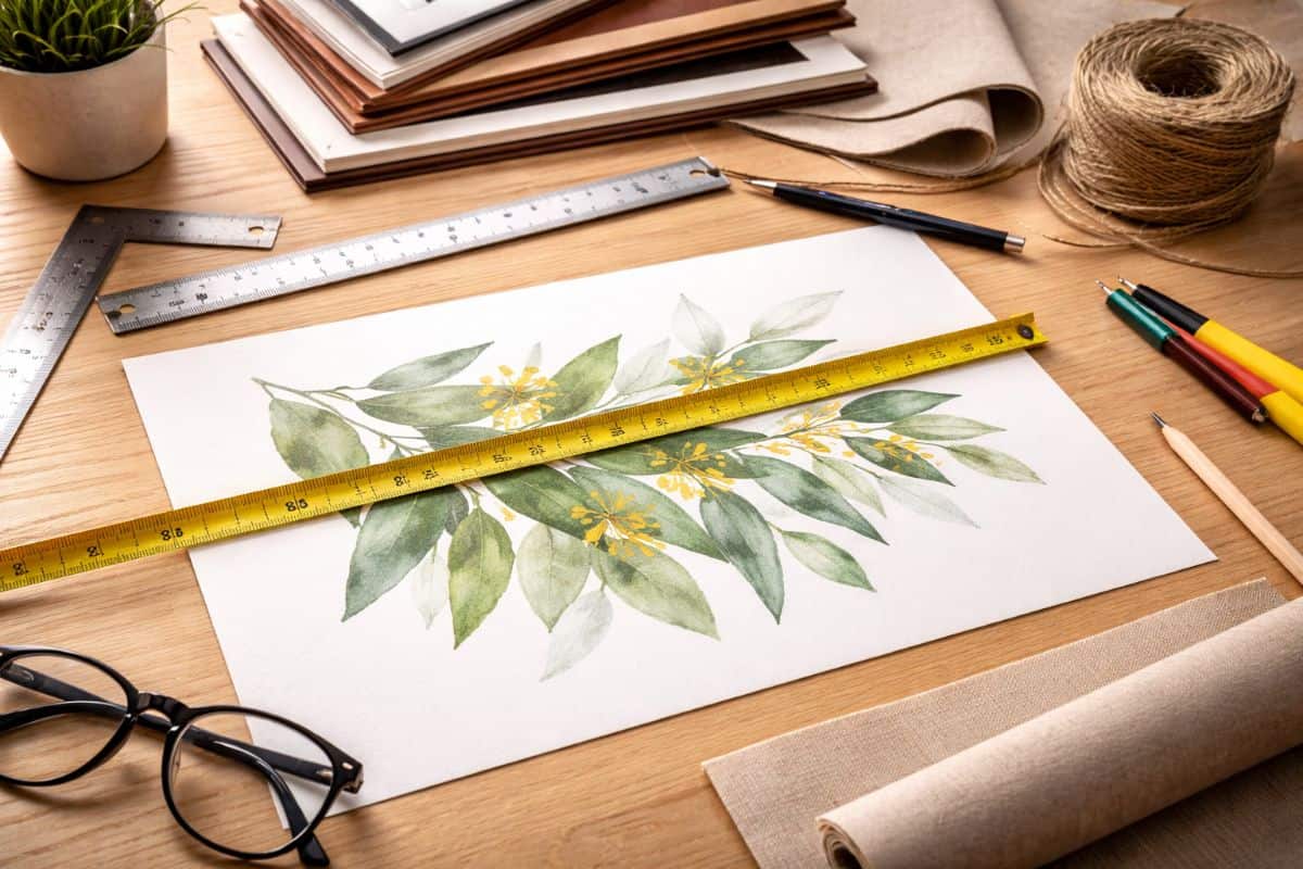 Measuring artwork for custom frames online on a flat workspace